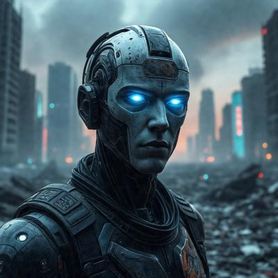 The primary subject of the image is a futuristic robot with blue eyes, standing in a cityscape. The robot is wearing a black and grey suit and appears to be the main focus of the scene. The setting is a city with tall buildings in the background, creating an urban atmosphere. The visual style of the image is a combination of photo and digital art, giving it a unique and futuristic appearance. The colors and mood of the image are predominantly dark and moody, with the blue eyes of the robot